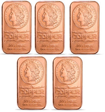 Load image into Gallery viewer, Copper Bar - 1 oz - Morgan Head - Set of 5 - each 1 AVDP Oz, .999 Pure Copper
