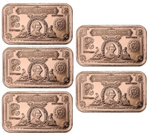 Load image into Gallery viewer, Copper Bar - 1 oz - $2 note - Set of 5 - each 1 AVDP Oz, .999 Pure Copper