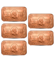 Load image into Gallery viewer, Copper Bar - 1 oz - Ben Franklin note - Set of 5 - each 1 AVDP Oz, .999 Pure Copper