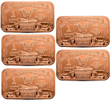 Load image into Gallery viewer, x5 Copper Bar - 1 oz - $1 Bank Certificate - 1 AVDP Oz, .999 Pure Copper
