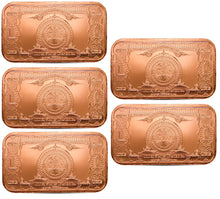 Load image into Gallery viewer, x5 Copper Bar - 1 oz - $1 Bank Certificate - 1 AVDP Oz, .999 Pure Copper

