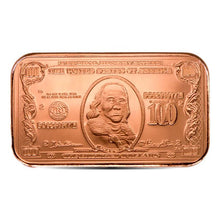Load image into Gallery viewer, Copper Bar - 1 oz - Ben Franklin Note - 1 AVDP Oz, .999 Pure Copper
