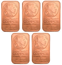 Load image into Gallery viewer, Copper Bar - 1 oz - Indian Head - Set of 5 - each 1 AVDP Oz, .999 Pure Copper
