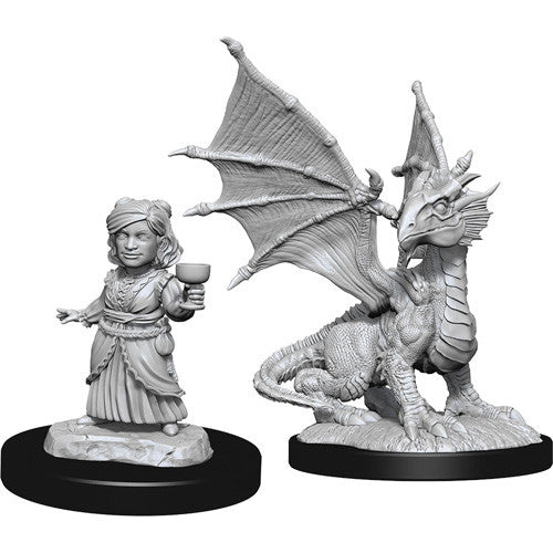 Nolzur's Marvelous Unpainted Miniatures - W13 Silver Dragon Wyrmling & Female Halfling