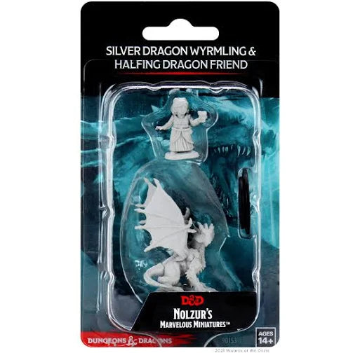 D&D Nolzur’s Marvelous Unpainted Miniatures – Silver Dragon Wyrmling & Halfling Dragon Friend